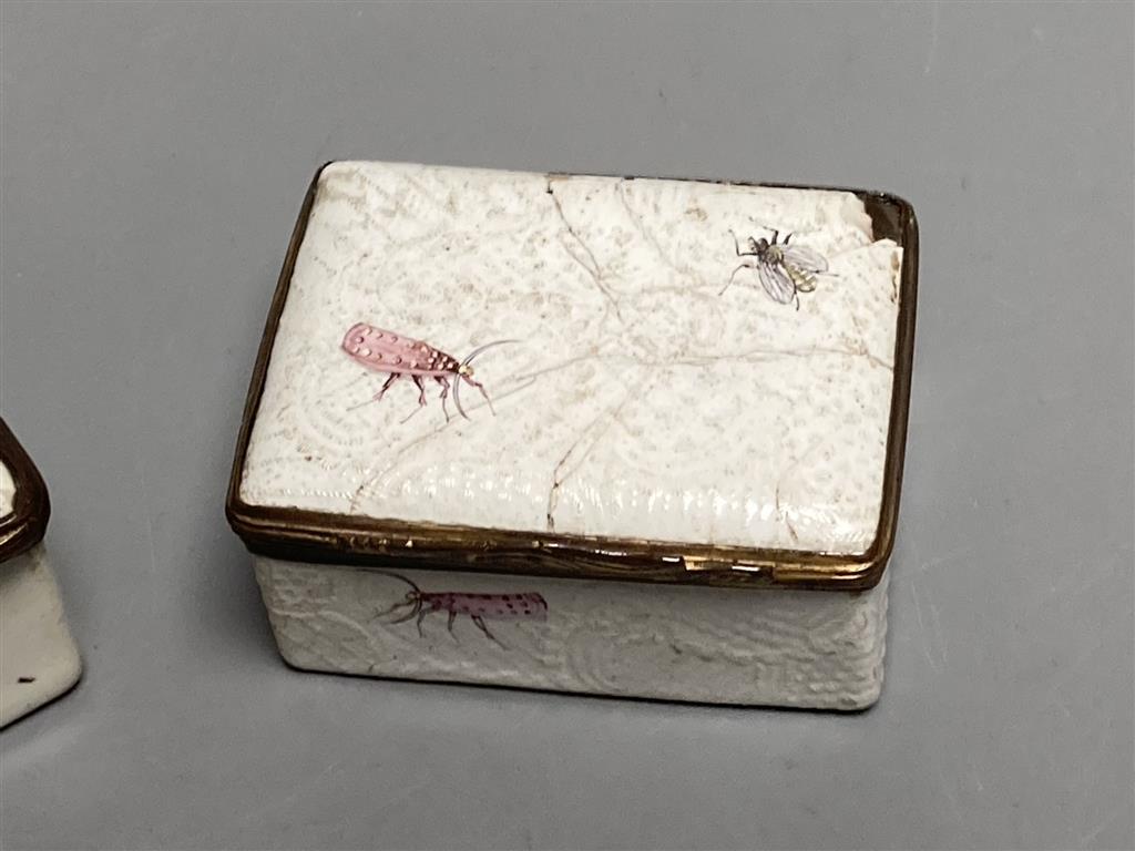 Two 18th century white enamelled snuff boxes, largest 8.5cm.